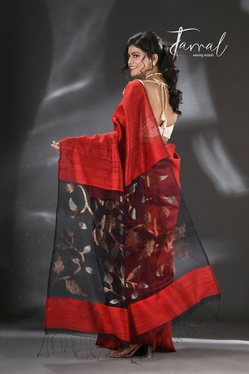 Rubi red matka silk handwoven jamdani saree - Tamal Boutique