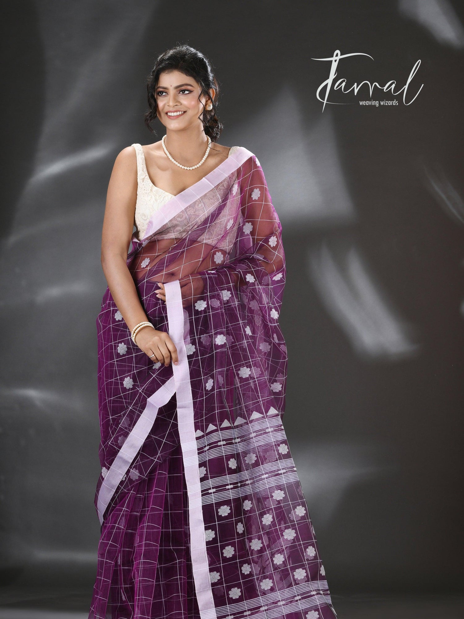 Violet with white organza silk handloom saree - Tamal Boutique