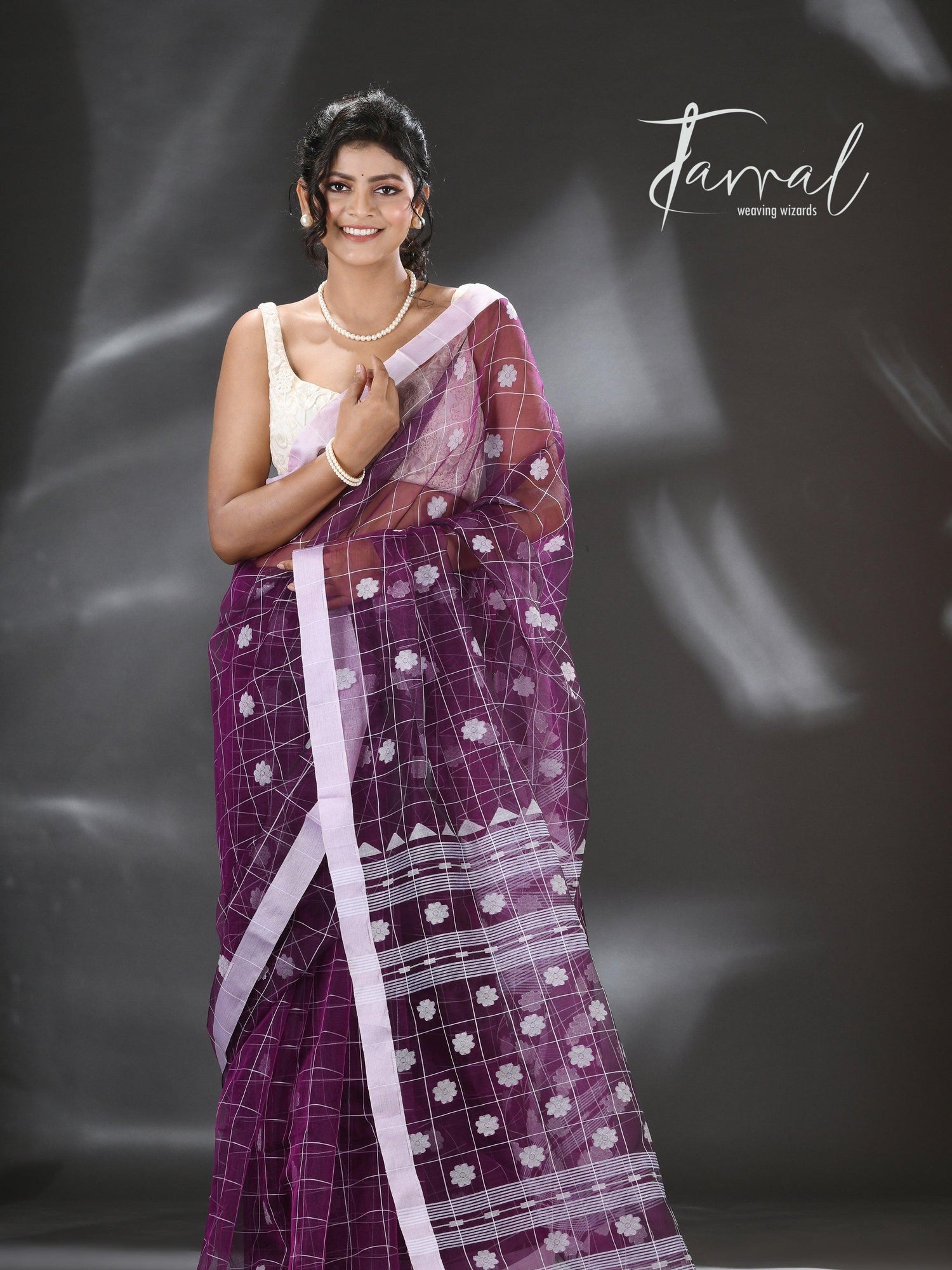 Violet with white organza silk handloom saree - Tamal Boutique