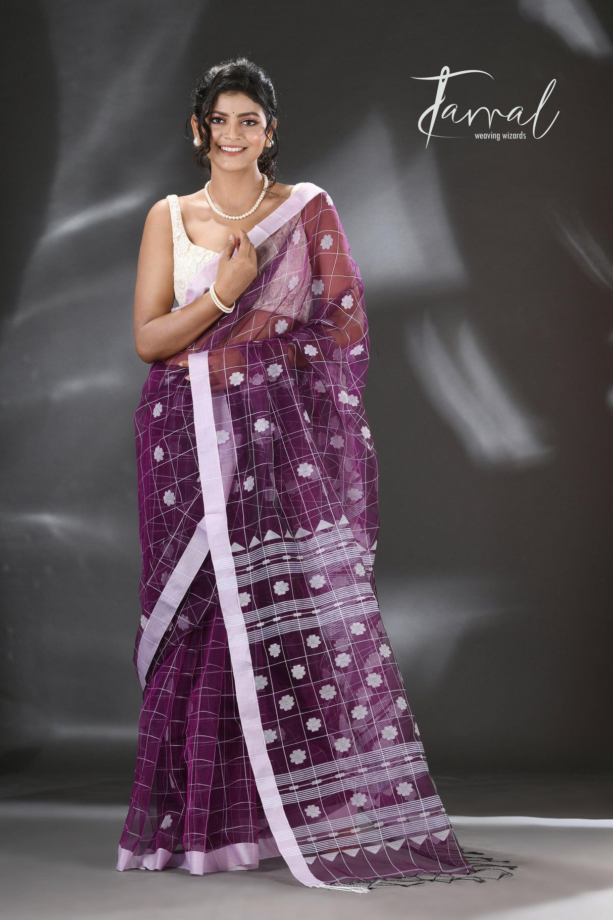 Violet with white organza silk handloom saree - Tamal Boutique