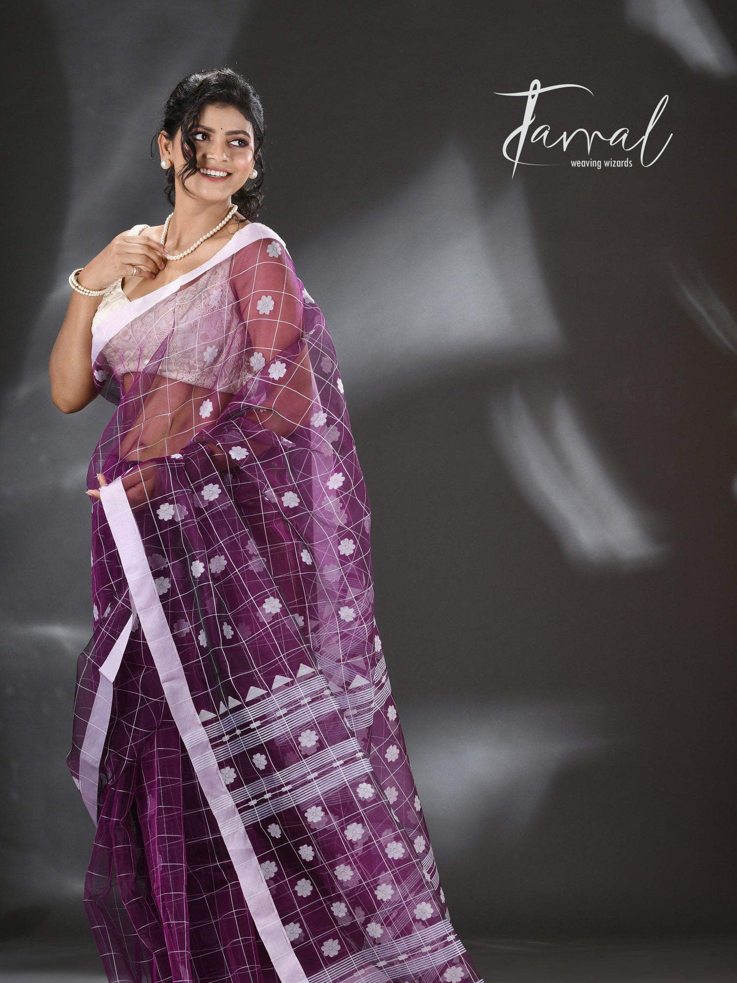 Violet with white organza silk handloom saree - Tamal Boutique