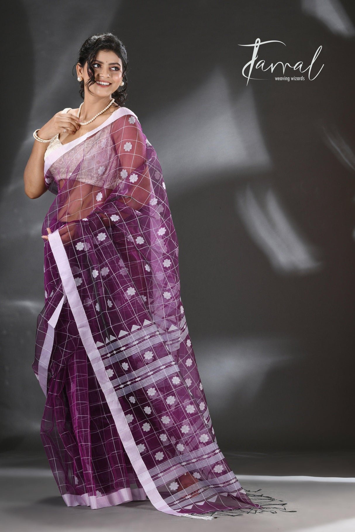 Violet with white organza silk handloom saree - Tamal Boutique