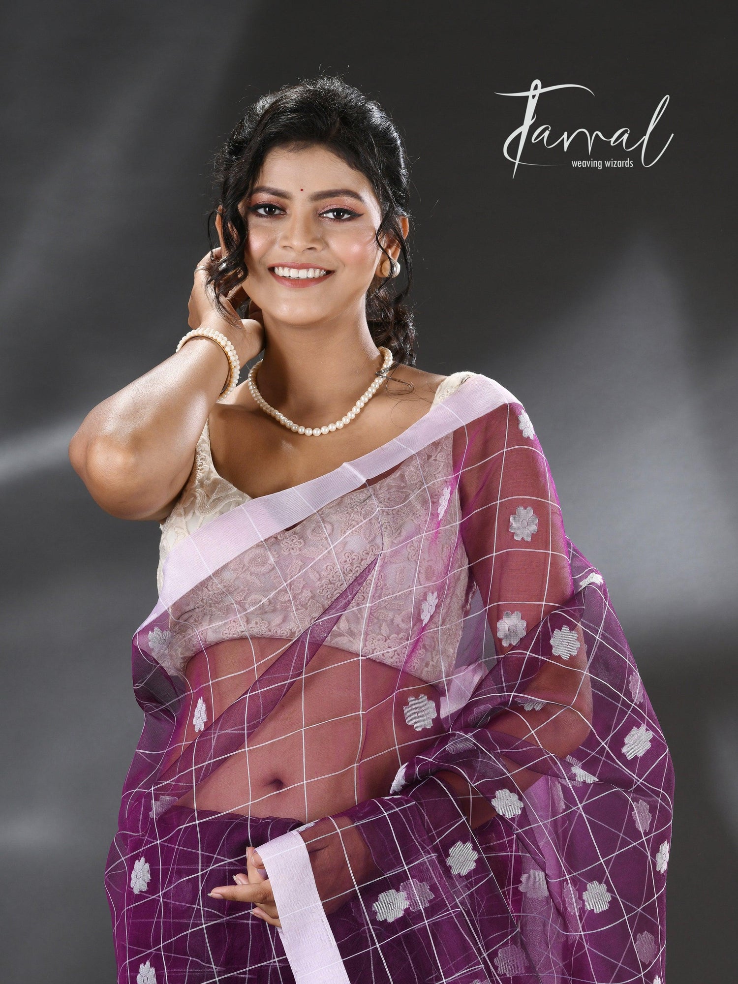 Violet with white organza silk handloom saree - Tamal Boutique