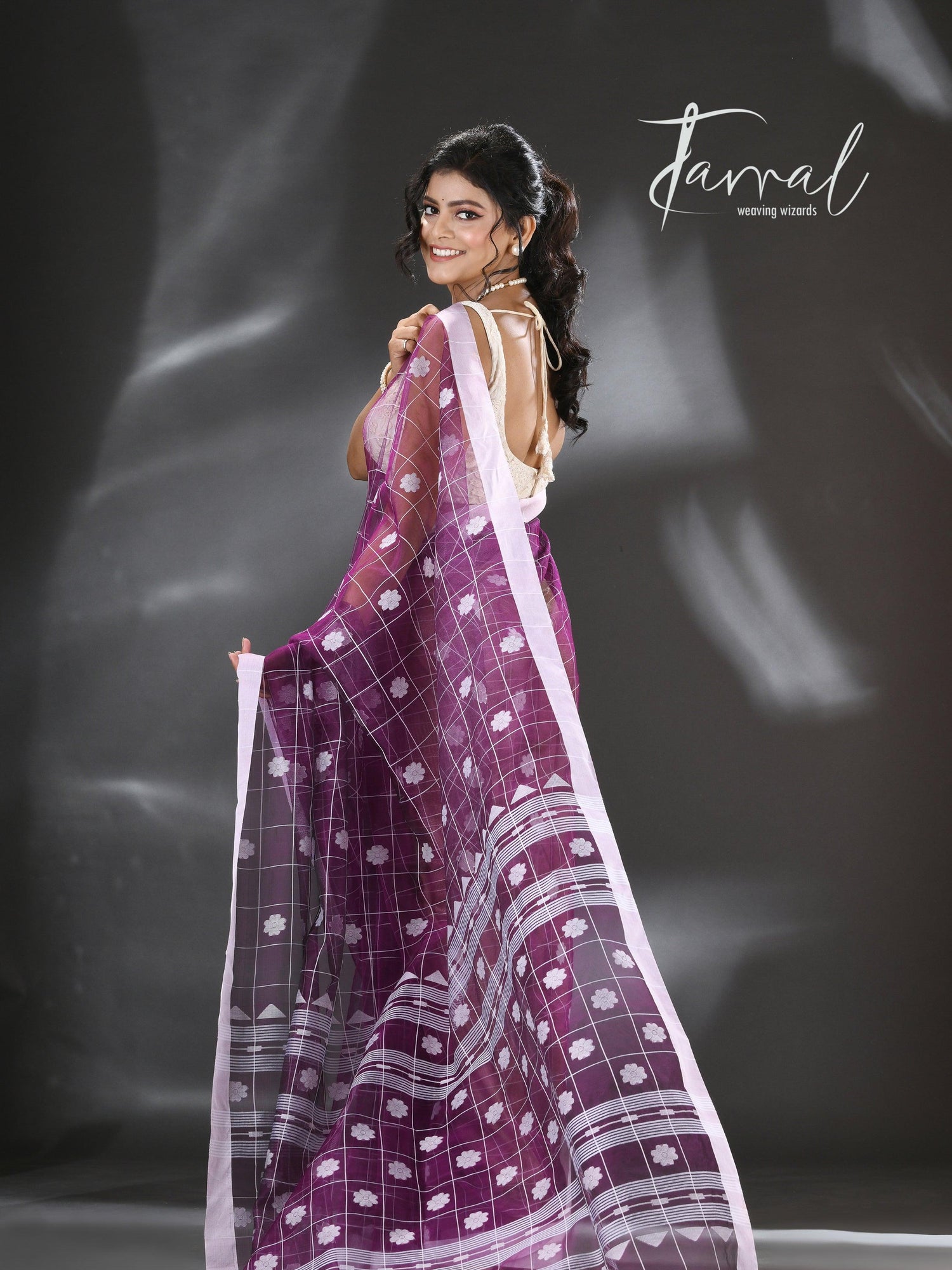 Violet with white organza silk handloom saree - Tamal Boutique