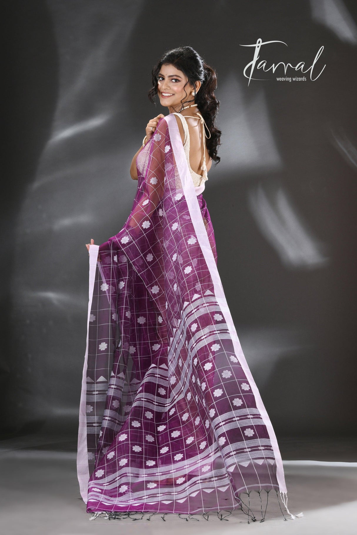Violet with white organza silk handloom saree - Tamal Boutique