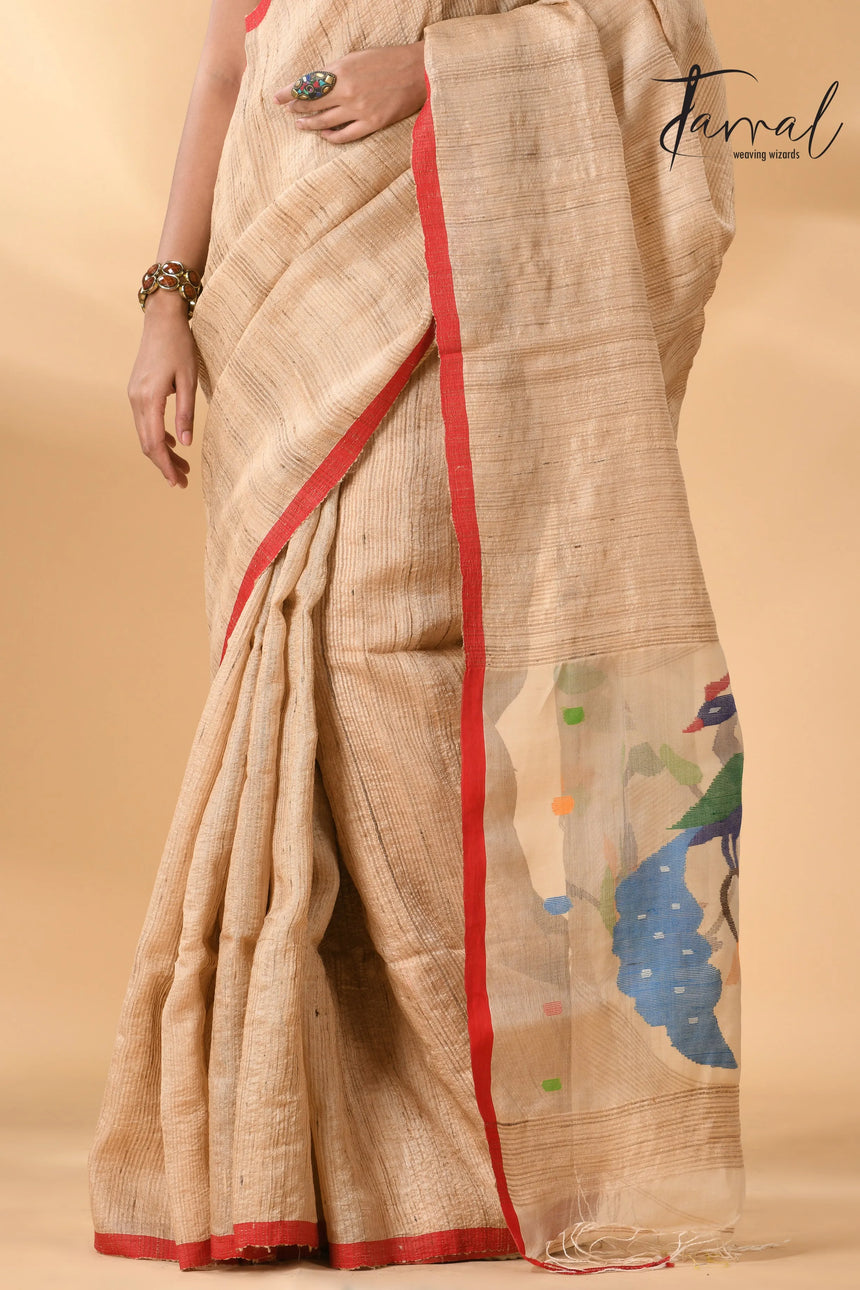 Muga with red border peacock paithani pallu Tusser ghicha silk handwoven jamdani saree - Tamal Boutique