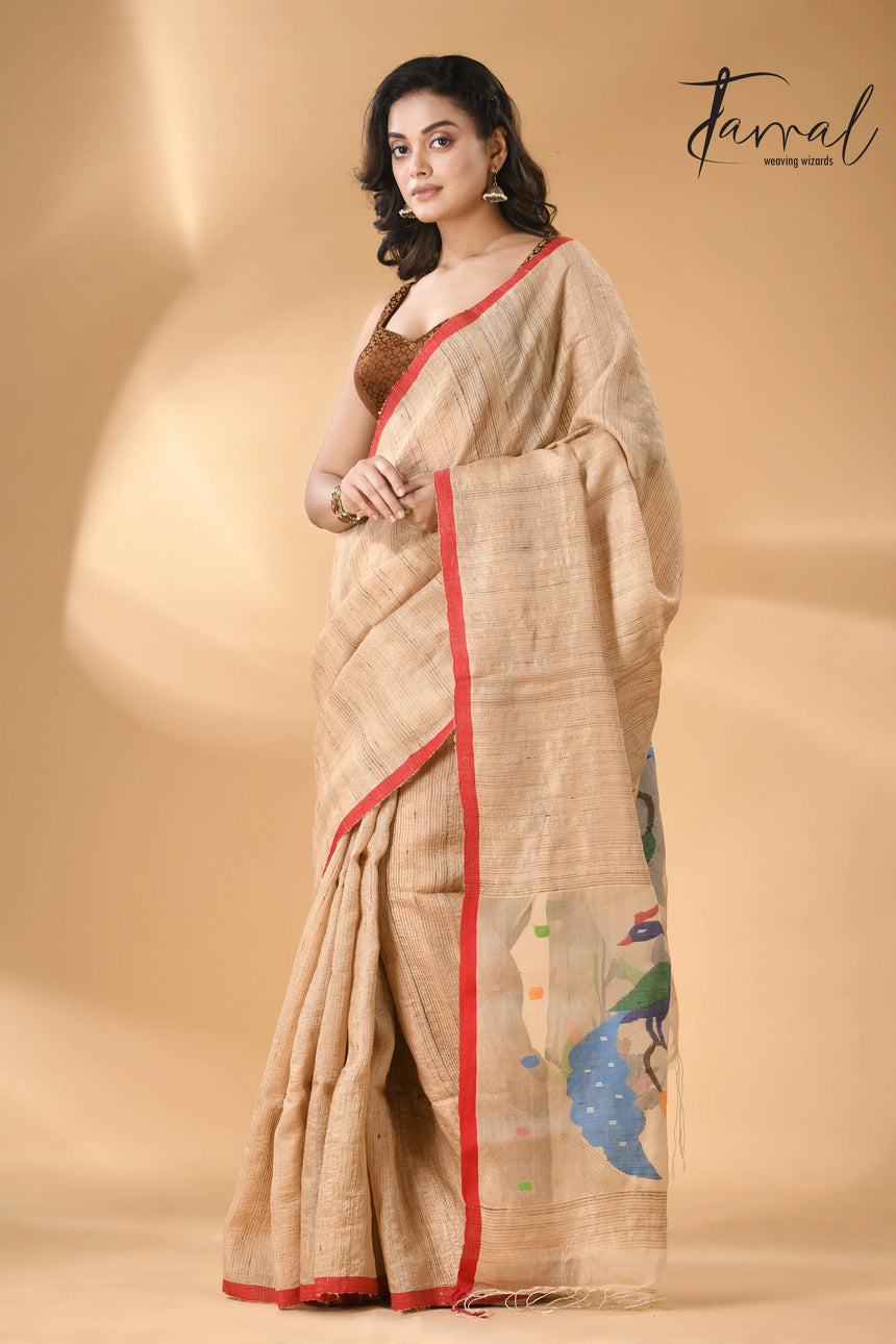 Muga with red border peacock paithani pallu Tusser ghicha silk handwoven jamdani saree - Tamal Boutique