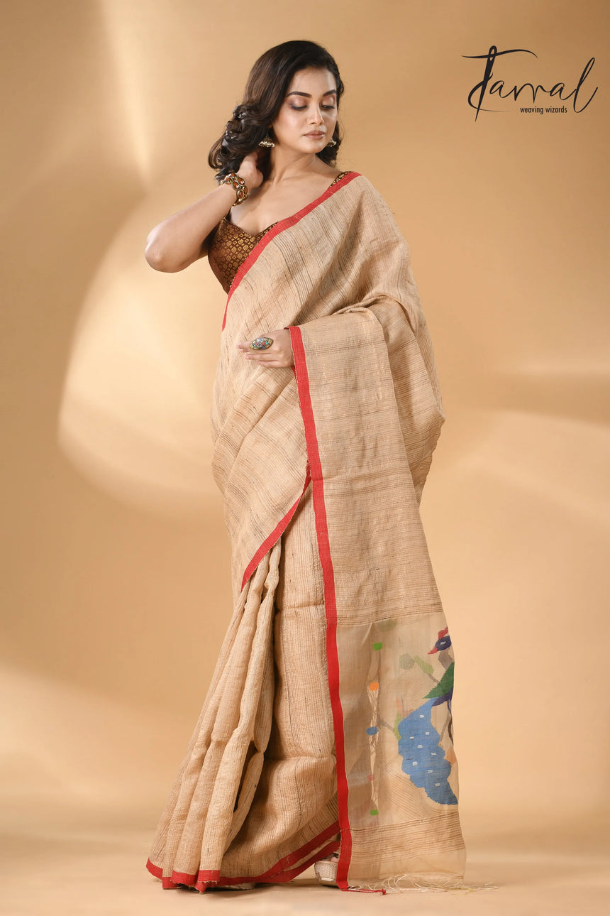 Muga with red border peacock paithani pallu Tusser ghicha silk handwoven jamdani saree - Tamal Boutique