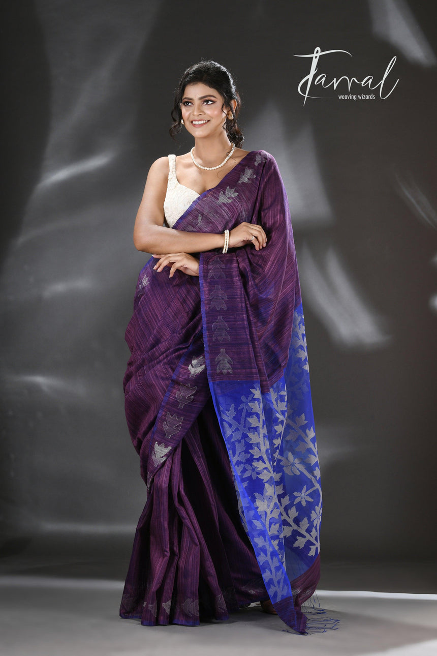 Chocolate brown with blue dual tone matka silk floral handwoven jamdani saree - Tamal Boutique