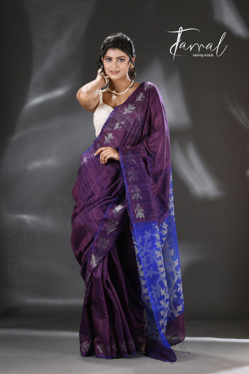 Chocolate brown with blue dual tone matka silk floral handwoven jamdani saree - Tamal Boutique