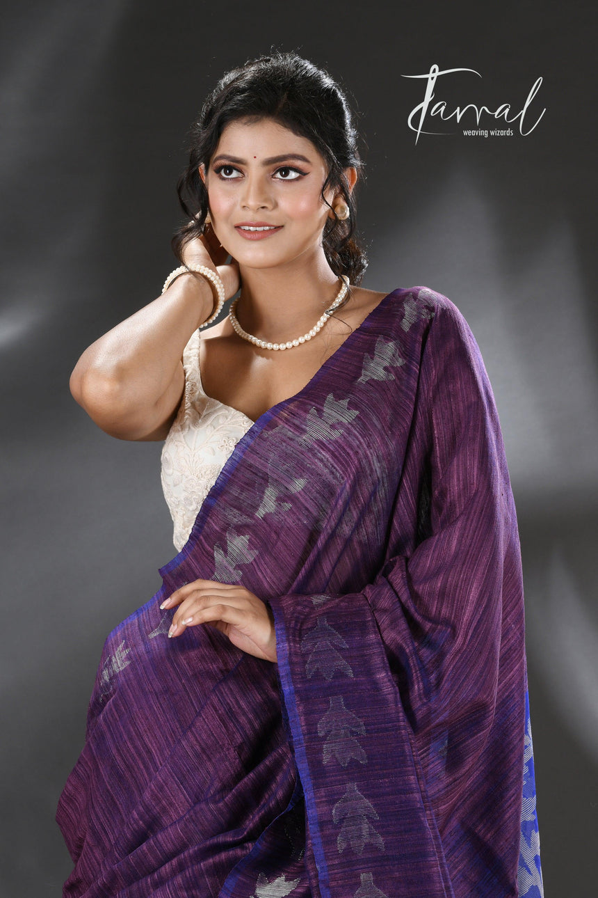 Chocolate brown with blue dual tone matka silk floral handwoven jamdani saree - Tamal Boutique