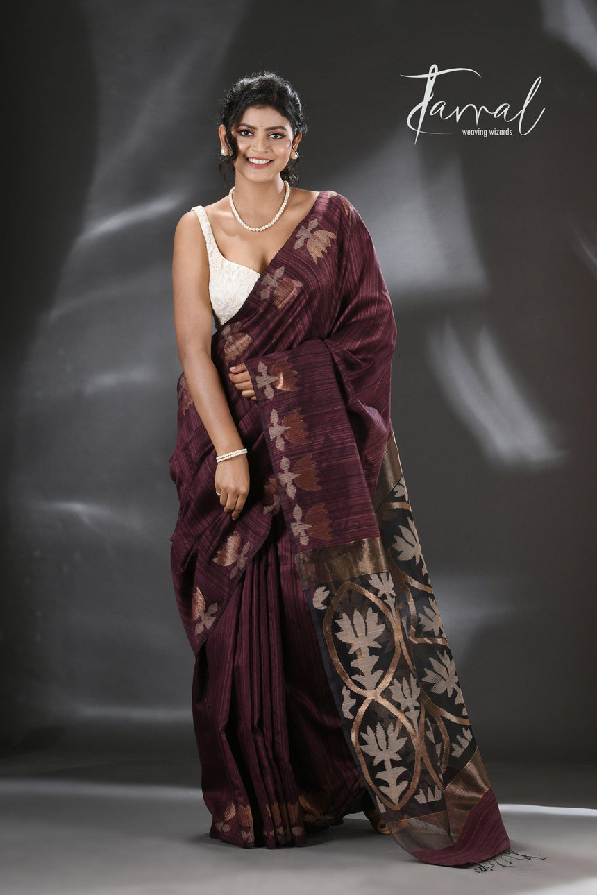 Chocolate Brown with golden lotus matka silk handwoven jamdani saree - Tamal Boutique