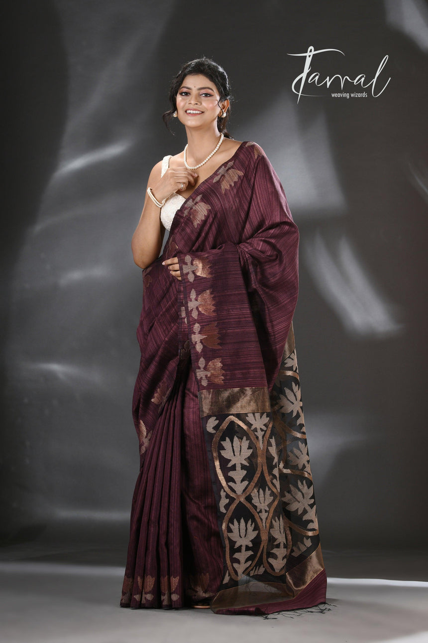 Chocolate Brown with golden lotus matka silk handwoven jamdani saree - Tamal Boutique