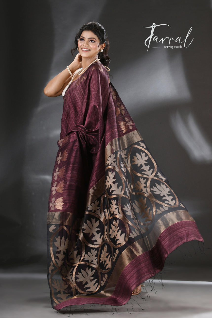 Chocolate Brown with golden lotus matka silk handwoven jamdani saree - Tamal Boutique