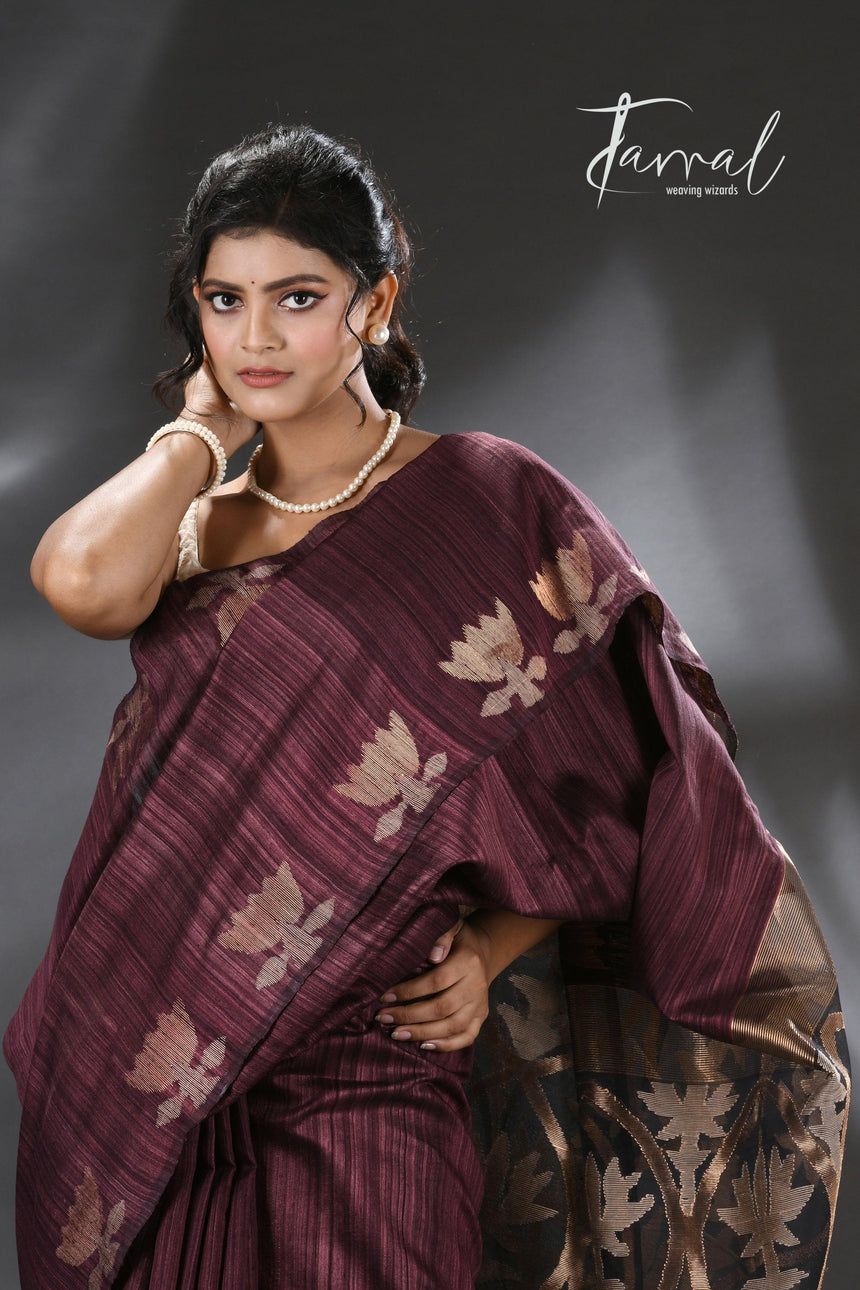 Chocolate Brown with golden lotus matka silk handwoven jamdani saree - Tamal Boutique