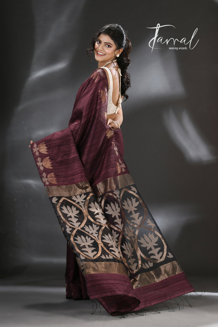 Chocolate Brown with golden lotus matka silk handwoven jamdani saree - Tamal Boutique