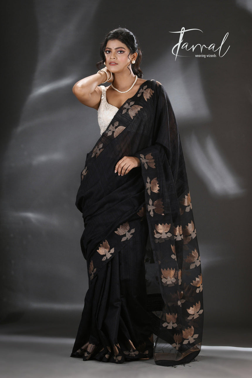 Black golden lotus matka silk handwoven jamdani saree - Tamal Boutique