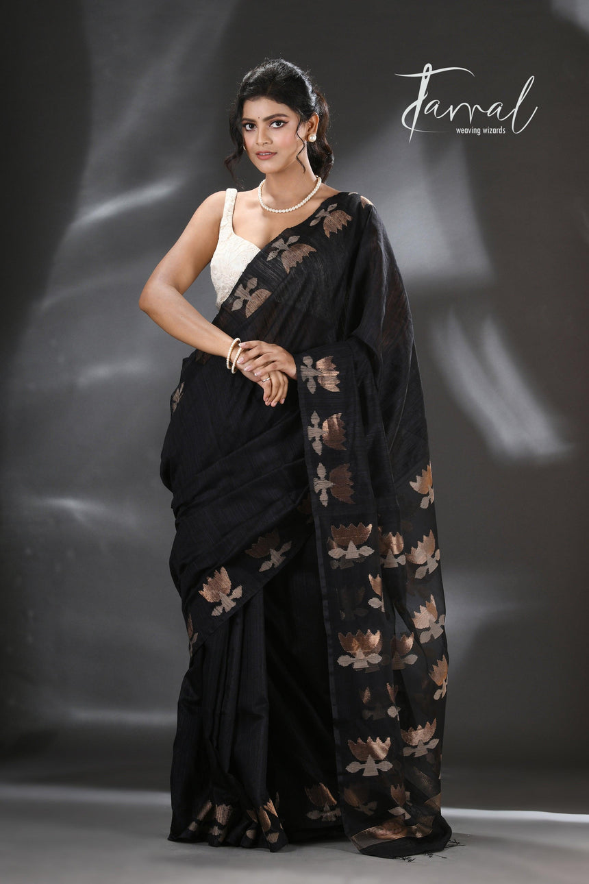 Black golden lotus matka silk handwoven jamdani saree - Tamal Boutique