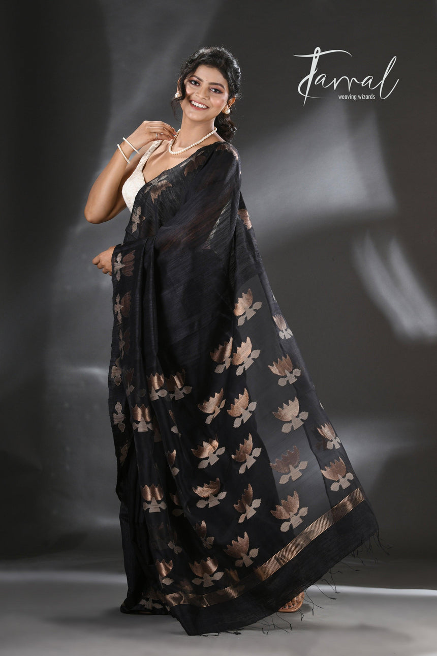 Black golden lotus matka silk handwoven jamdani saree - Tamal Boutique