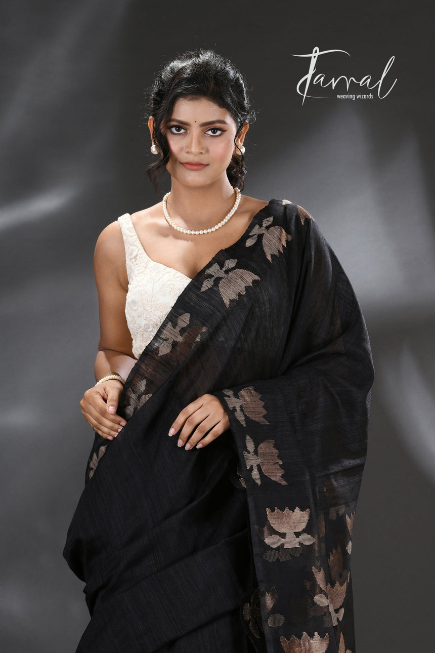 Black golden lotus matka silk handwoven jamdani saree - Tamal Boutique