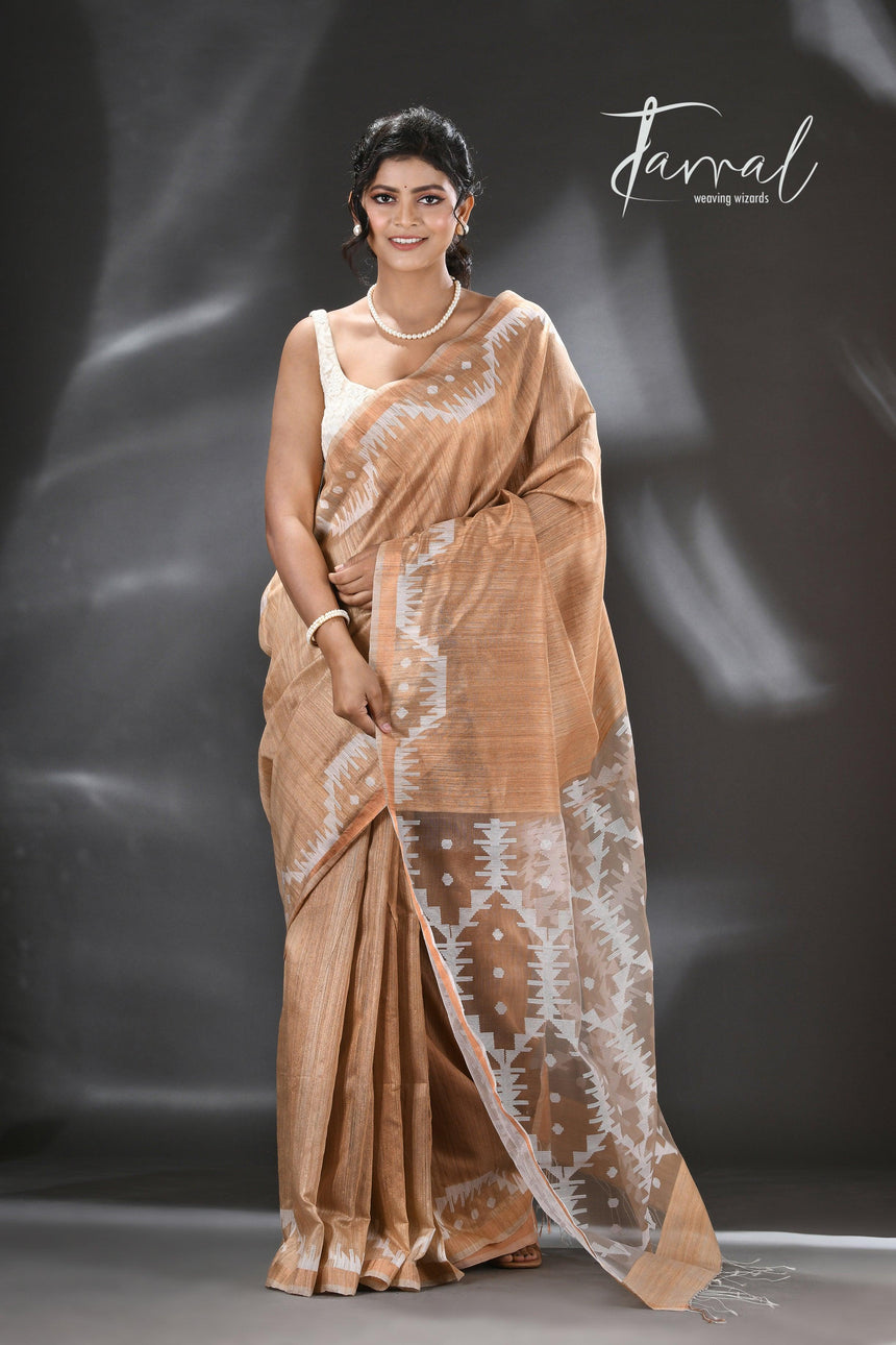 Golden beige with white combination matka silk traditional handwoven saree - Tamal Boutique