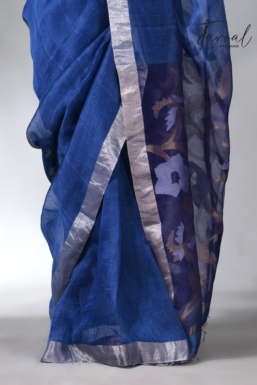 Blue with silver zari border silk linen handwoven jamdani saree