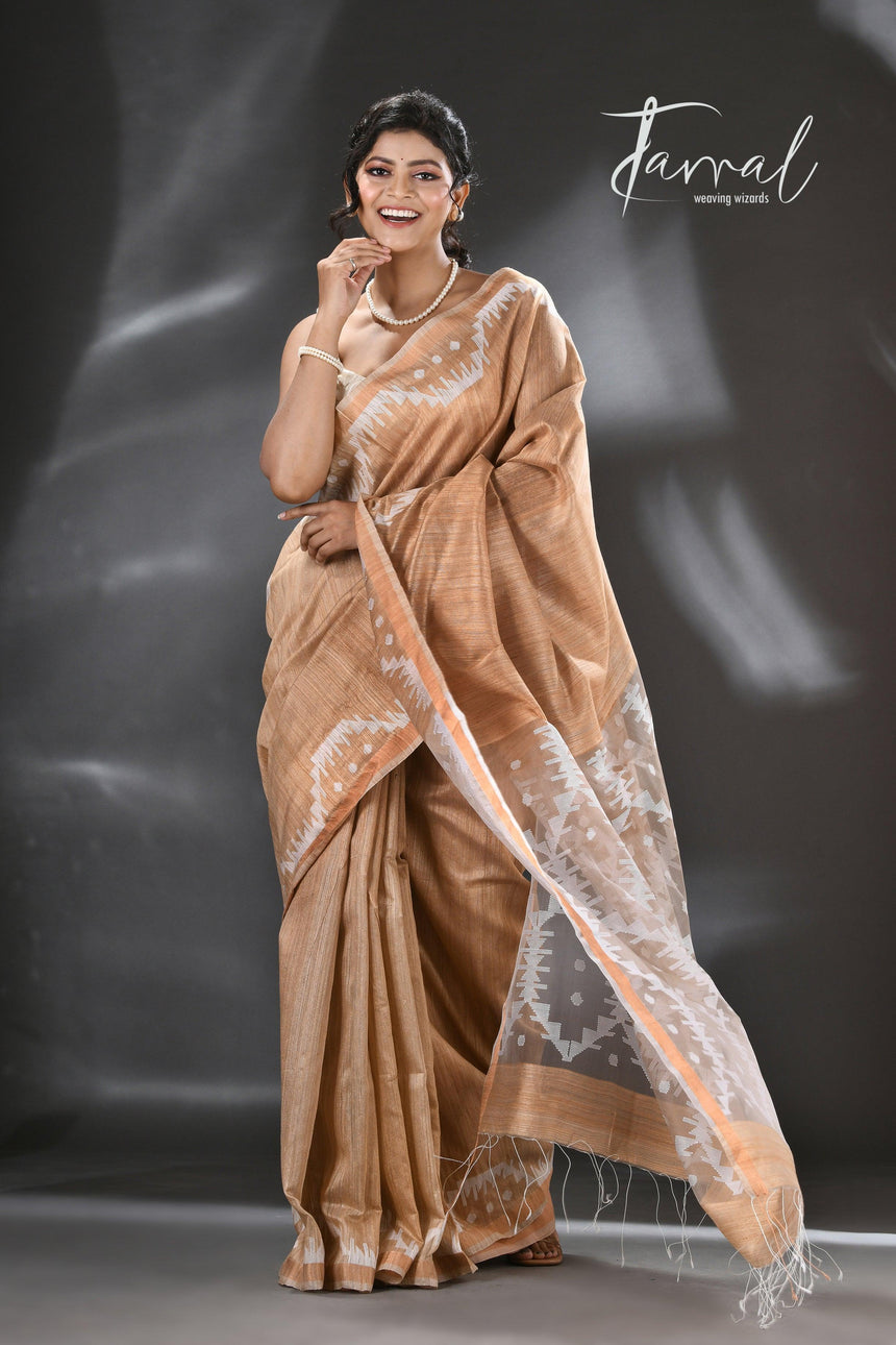 Golden beige with white combination matka silk traditional handwoven saree - Tamal Boutique