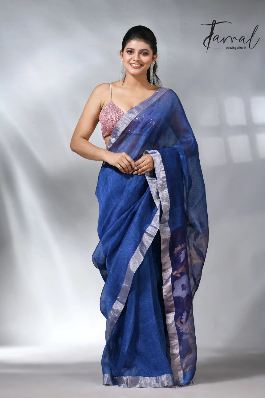 Blue with silver zari border silk linen handwoven jamdani saree