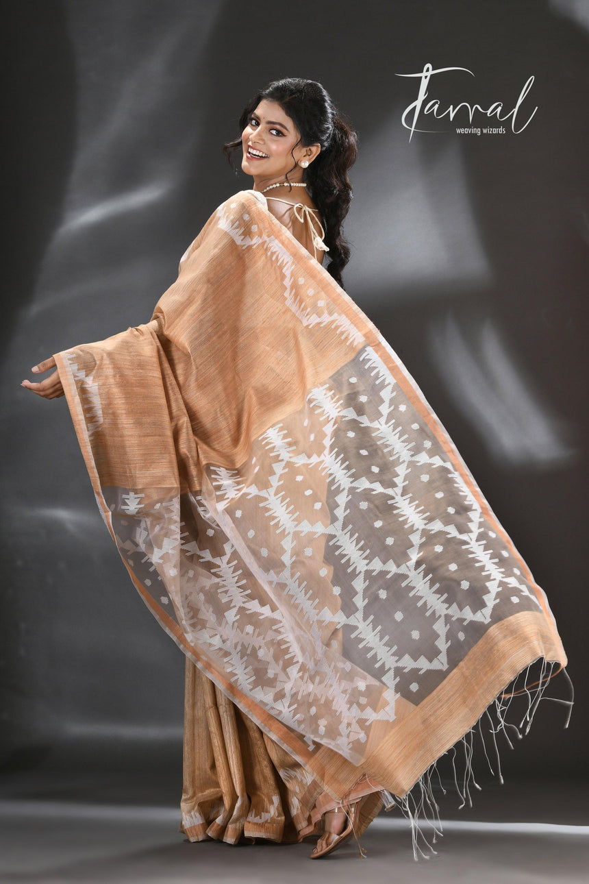 Golden beige with white combination matka silk traditional handwoven saree - Tamal Boutique
