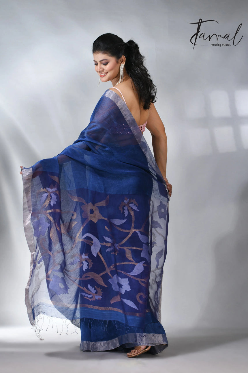 Blue with silver zari border silk linen handwoven jamdani saree