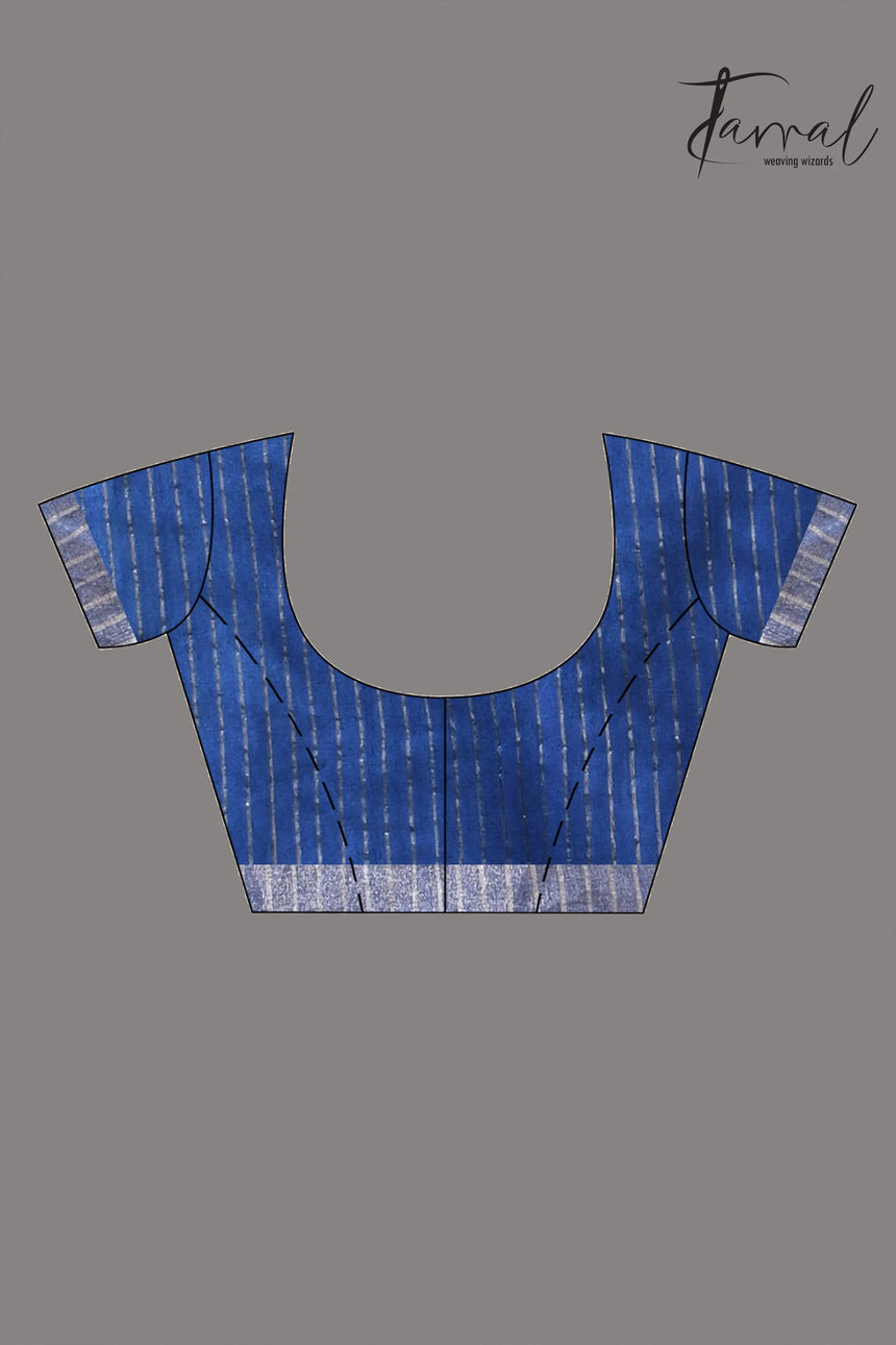 Blue with silver zari border silk linen handwoven jamdani saree