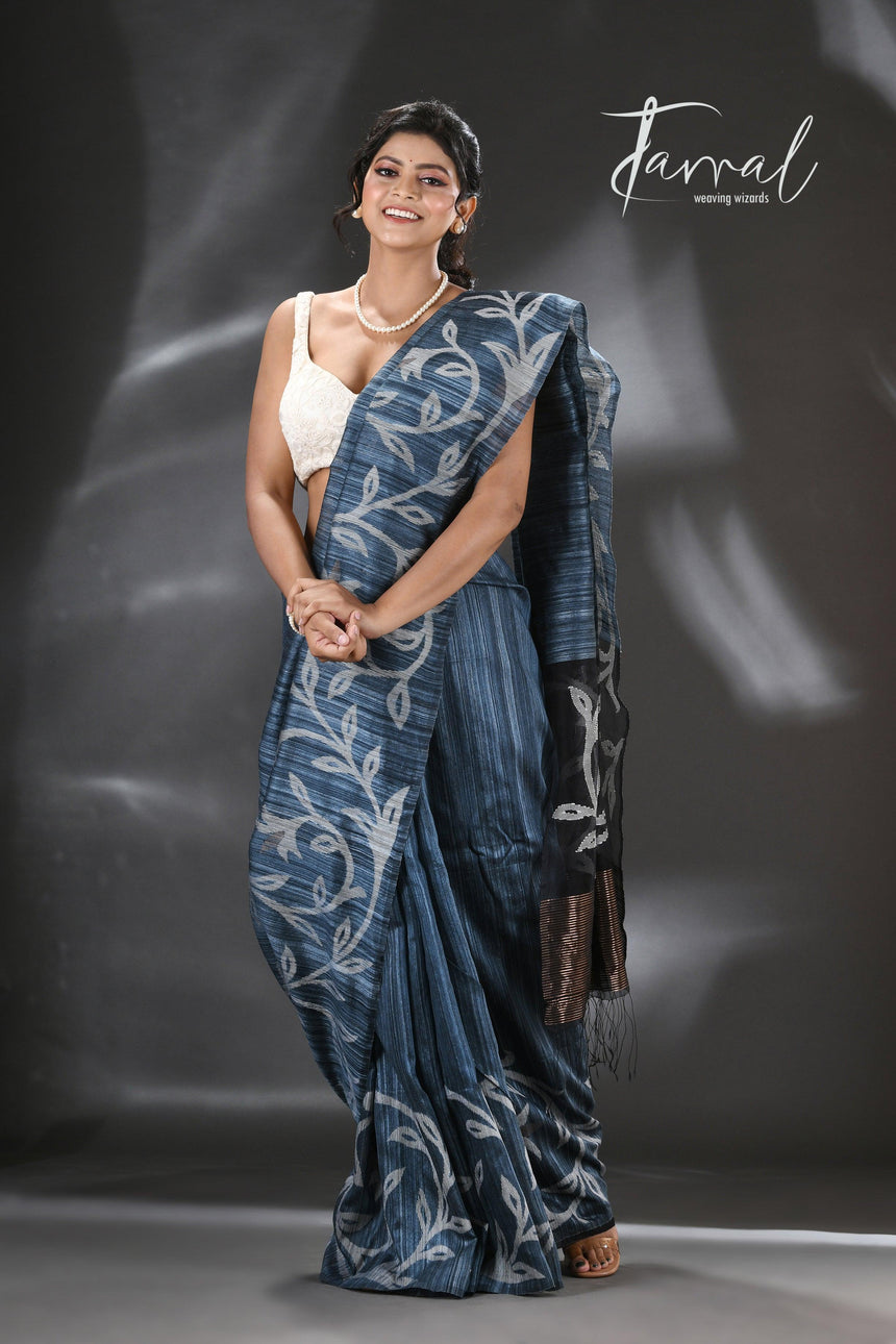 Peacock blue with zari floral border silk linen handwoven jamdani saree - Tamal Boutique