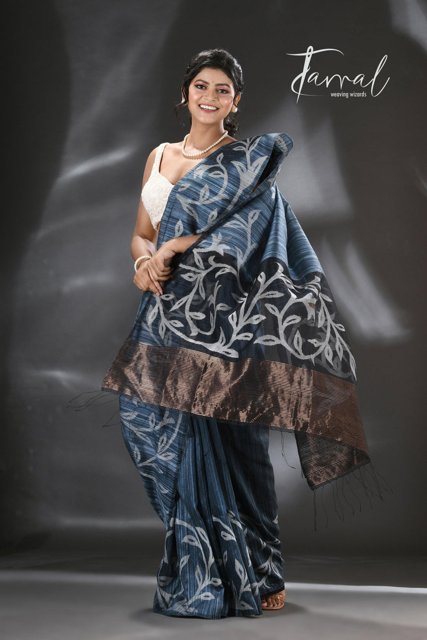Peacock blue with zari floral border silk linen handwoven jamdani saree - Tamal Boutique