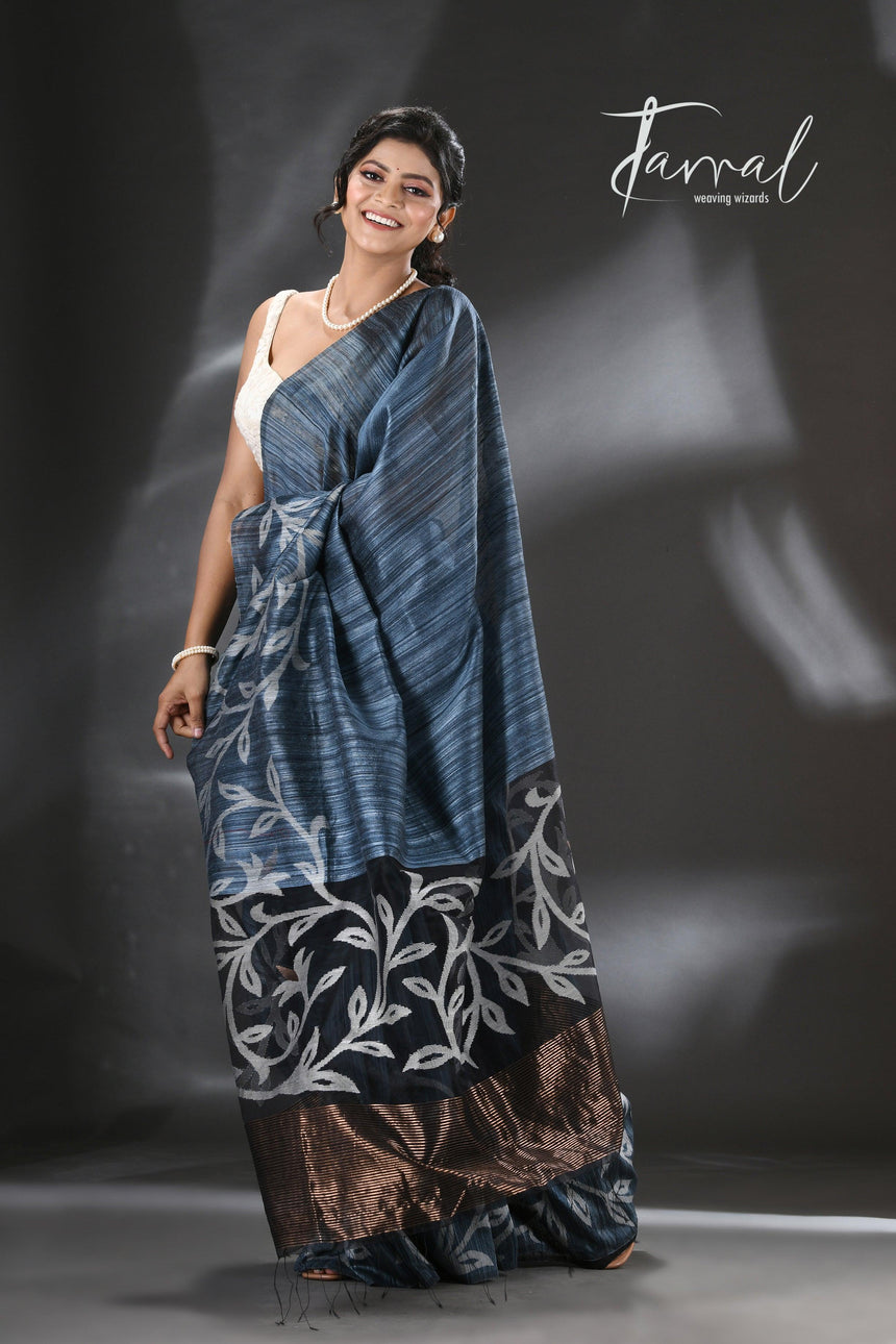 Peacock blue with zari floral border silk linen handwoven jamdani saree - Tamal Boutique