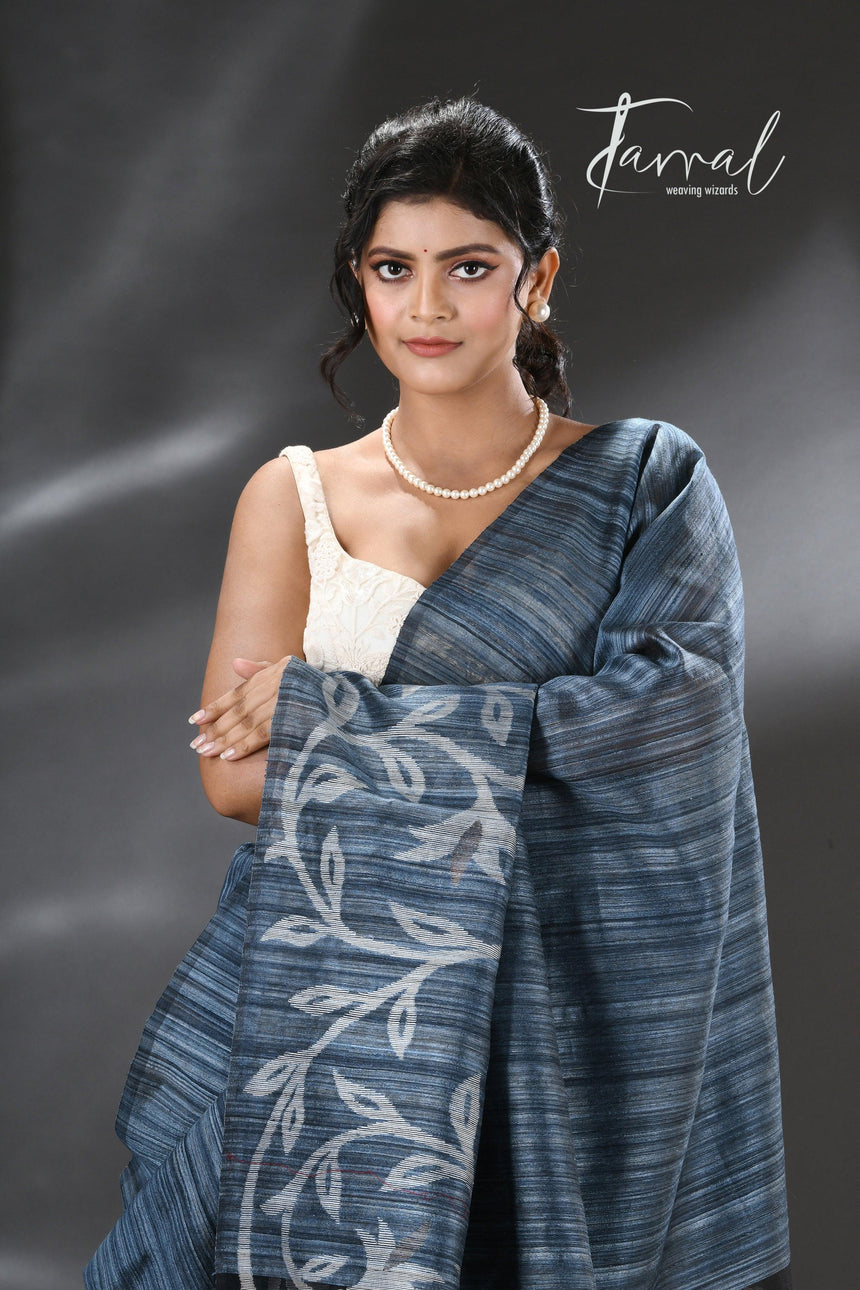 Peacock blue with zari floral border silk linen handwoven jamdani saree - Tamal Boutique