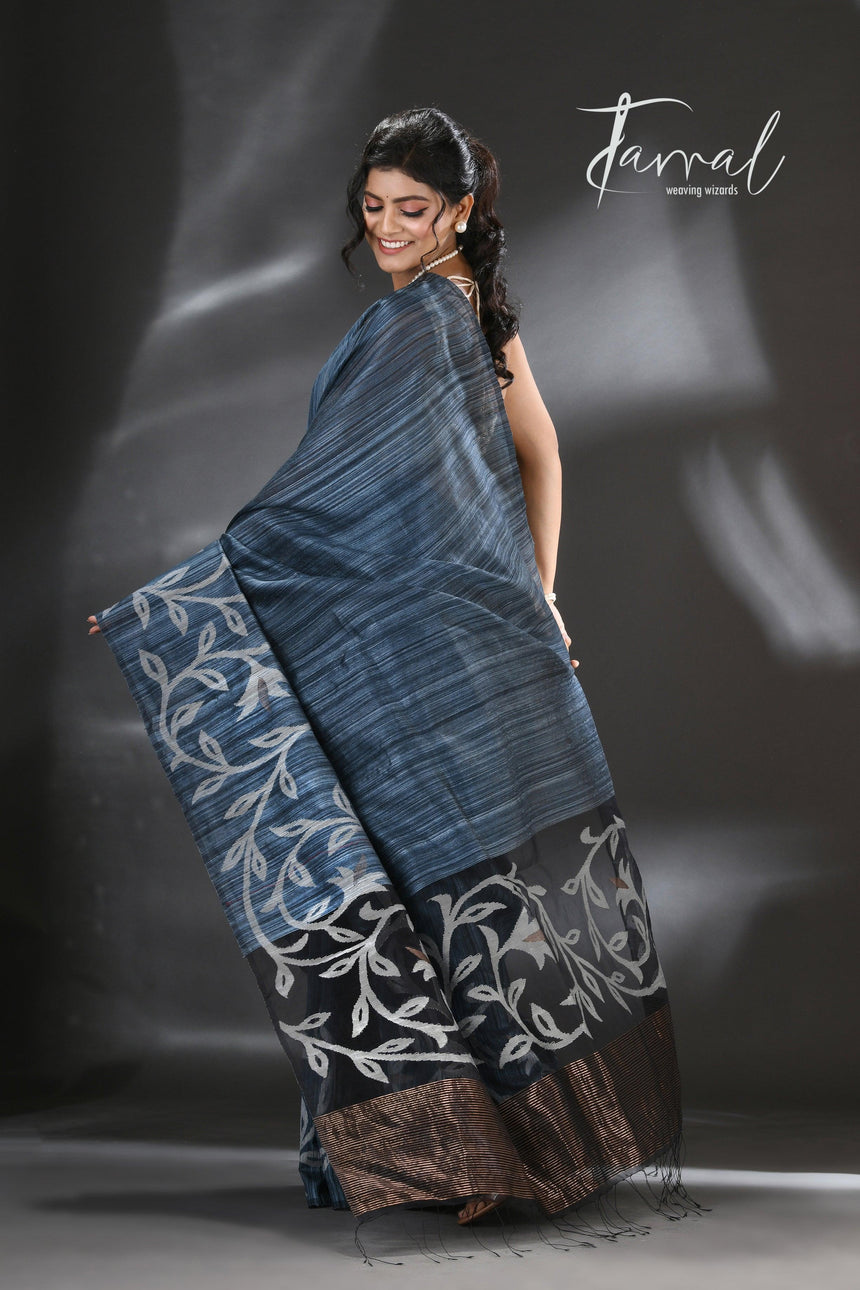 Peacock blue with zari floral border silk linen handwoven jamdani saree - Tamal Boutique