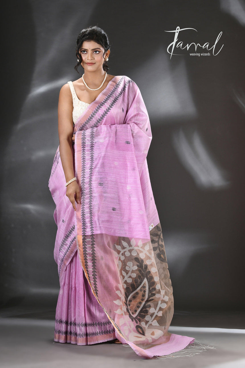 Baby Pink with White & black colour kalka motifs matka silk handwoven jamdani saree - Tamal Boutique