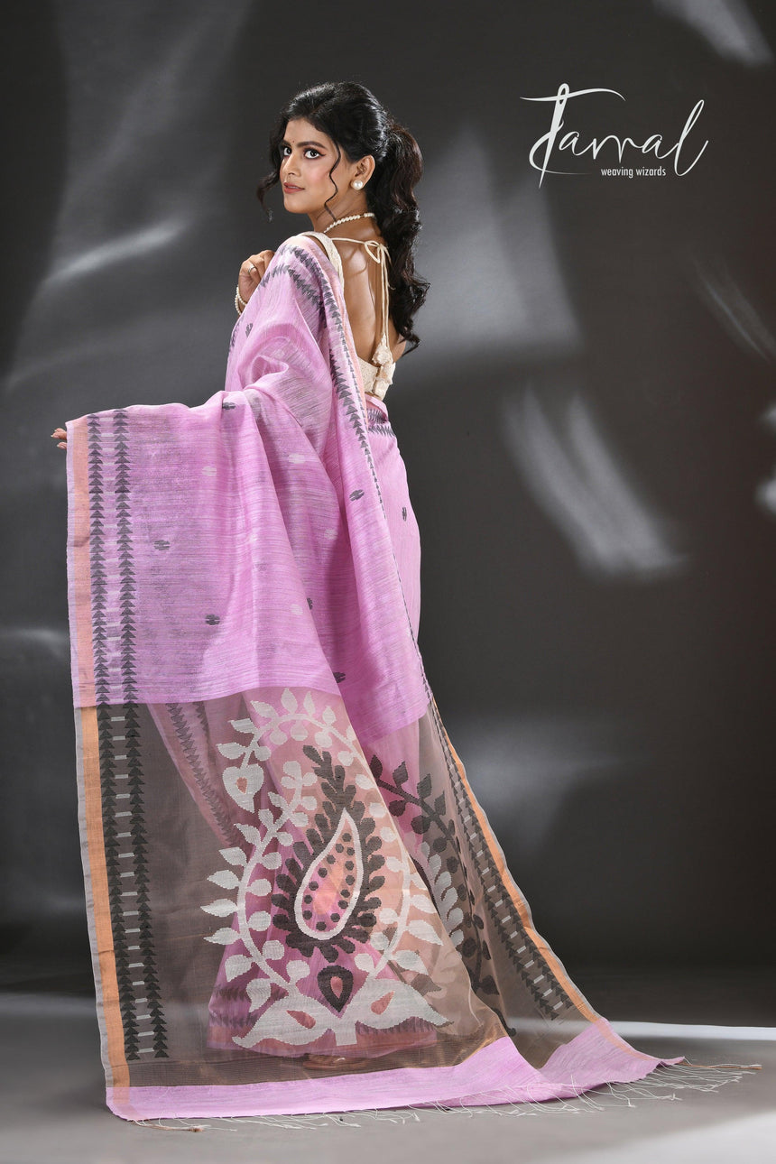 Baby Pink with White & black colour kalka motifs matka silk handwoven jamdani saree - Tamal Boutique