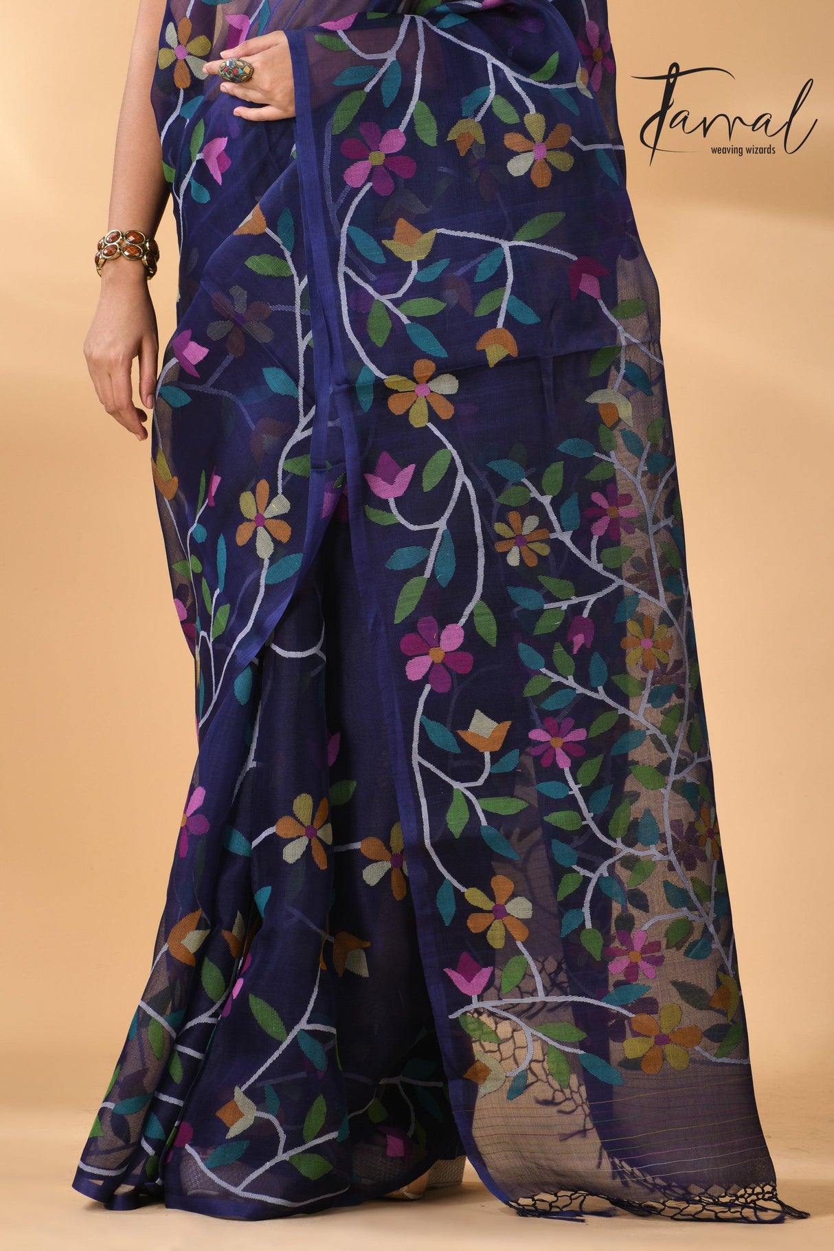 Midnight indigo with multicolour madhvilata allover floral handwoven muslin silk jamdani saree - Tamal Boutique