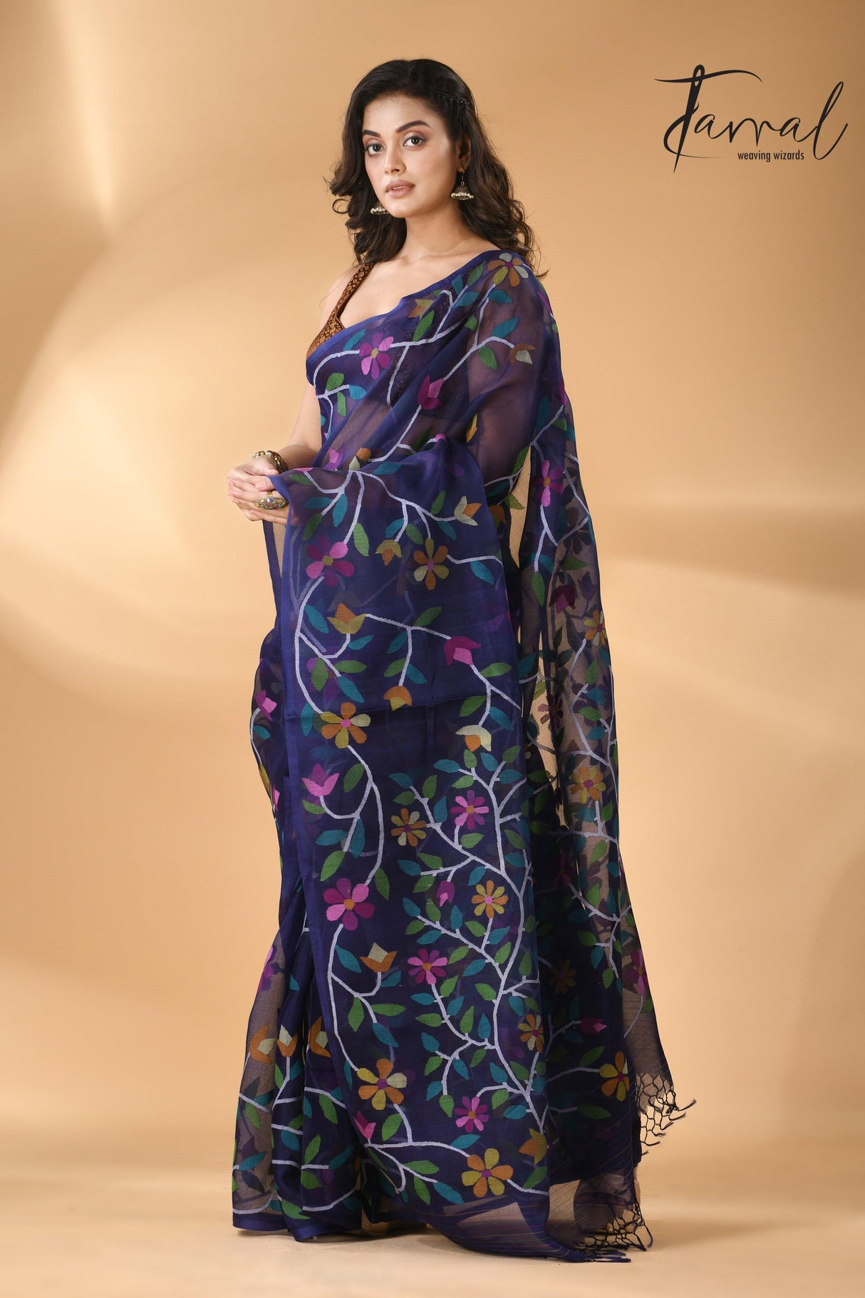 Midnight indigo with multicolour madhvilata allover floral handwoven muslin silk jamdani saree - Tamal Boutique