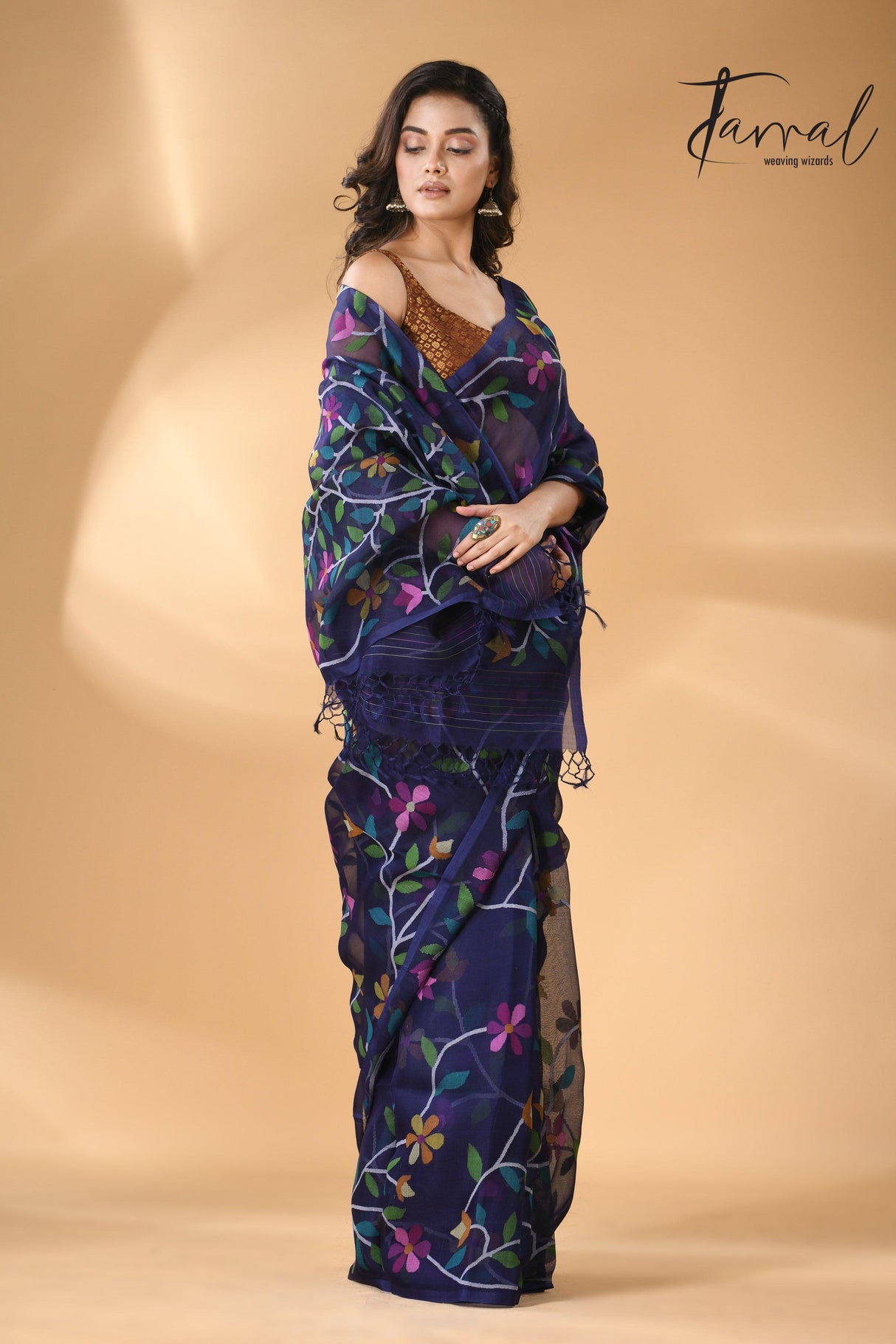 Midnight indigo with multicolour madhvilata allover floral handwoven muslin silk jamdani saree - Tamal Boutique