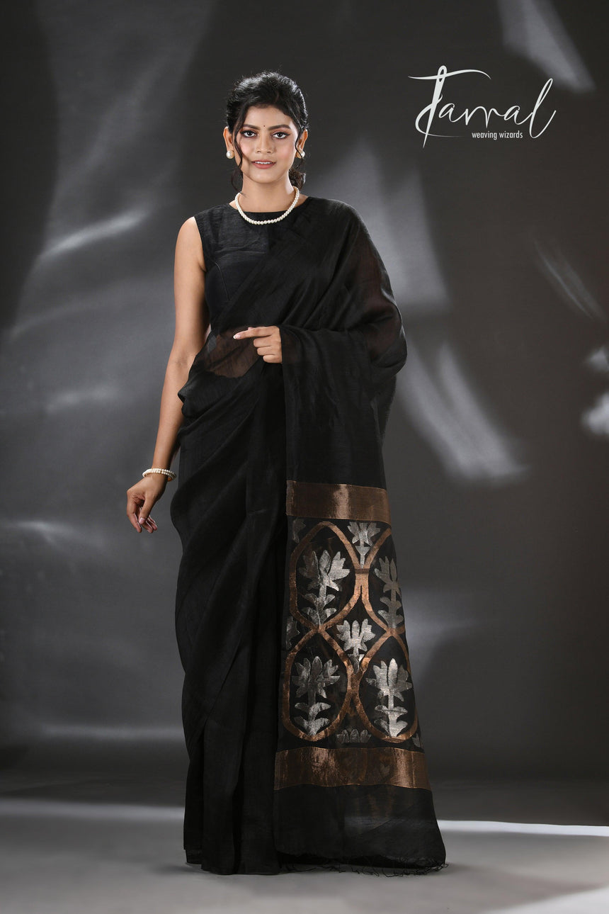 Black with silver & golden zari lotus pallu handwoven silk linen jamdani saree - Tamal Boutique