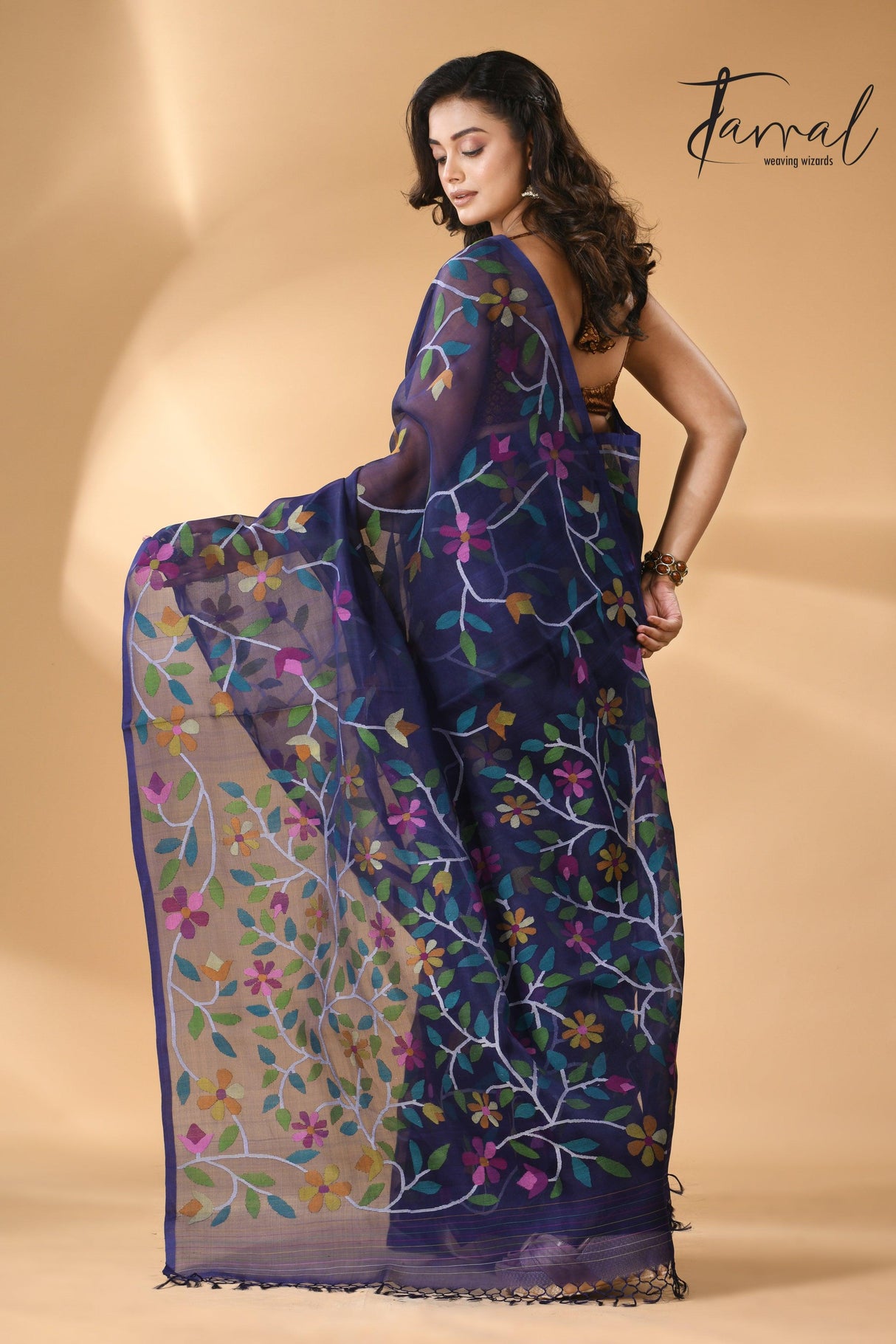 Midnight indigo with multicolour madhvilata allover floral handwoven muslin silk jamdani saree - Tamal Boutique