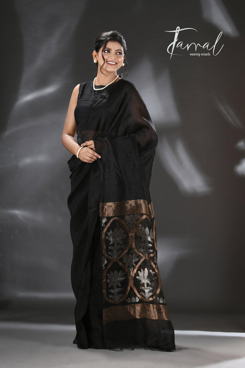 Black with silver & golden zari lotus pallu handwoven silk linen jamdani saree - Tamal Boutique