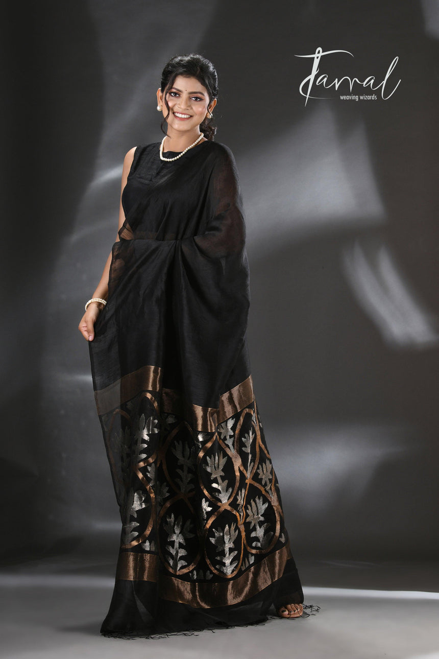 Black with silver & golden zari lotus pallu handwoven silk linen jamdani saree - Tamal Boutique
