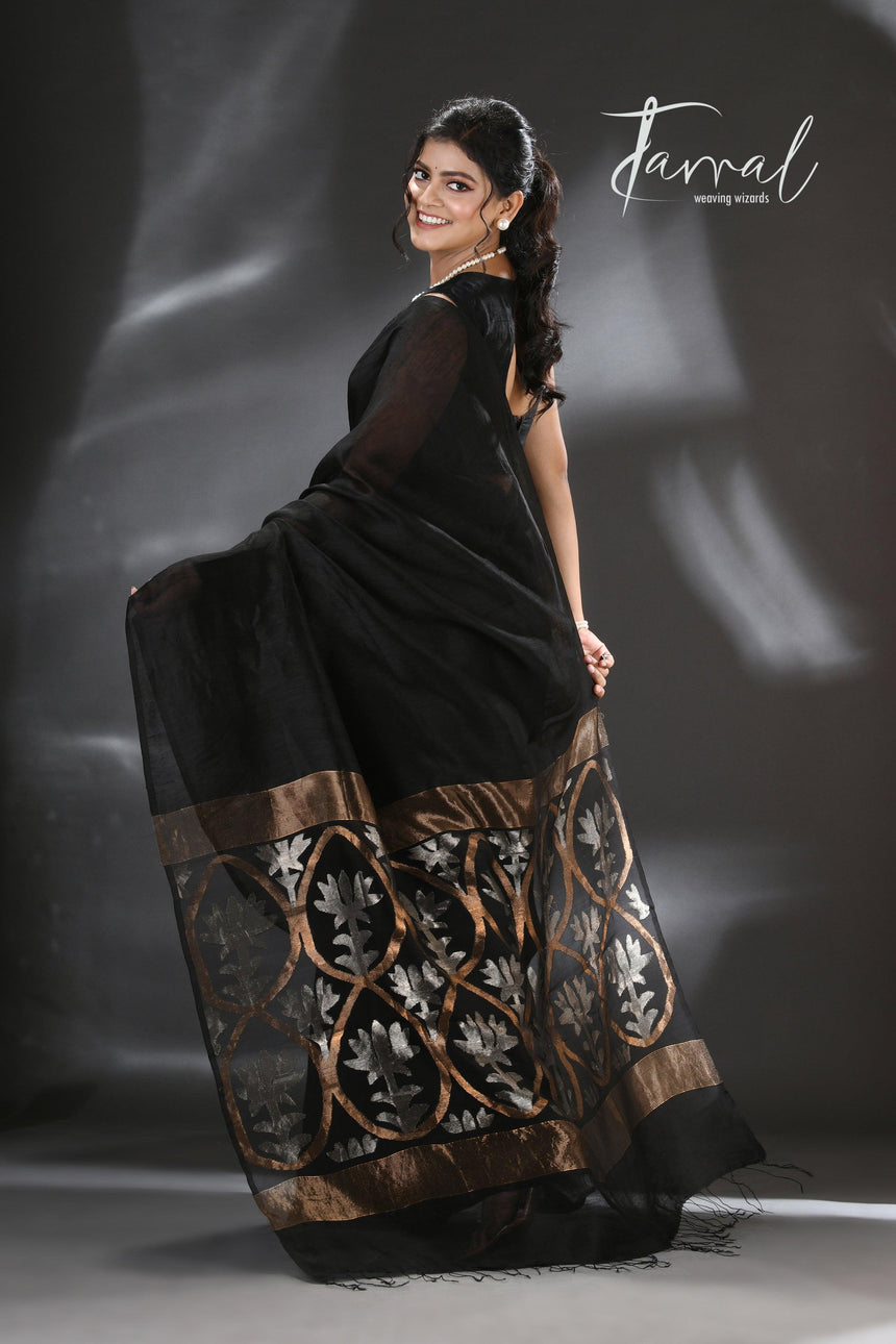 Black with silver & golden zari lotus pallu handwoven silk linen jamdani saree - Tamal Boutique