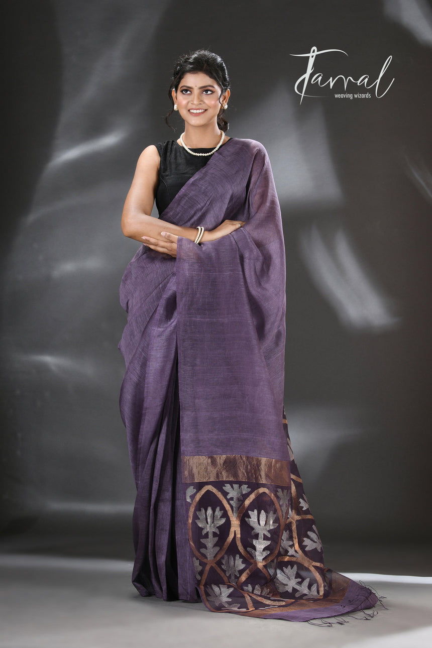 Dark Lavender zari lotus silk linen handwoven jamdani saree - Tamal Boutique
