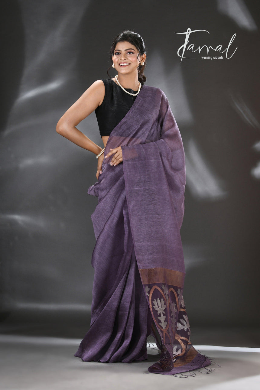 Dark Lavender zari lotus silk linen handwoven jamdani saree - Tamal Boutique