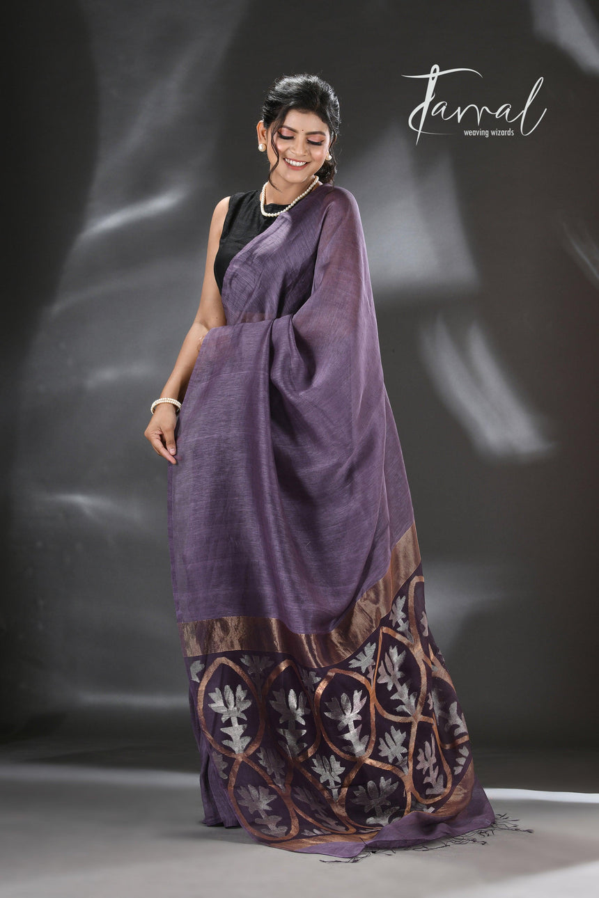 Dark Lavender zari lotus silk linen handwoven jamdani saree - Tamal Boutique