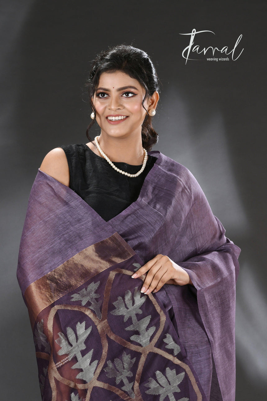 Dark Lavender zari lotus silk linen handwoven jamdani saree - Tamal Boutique